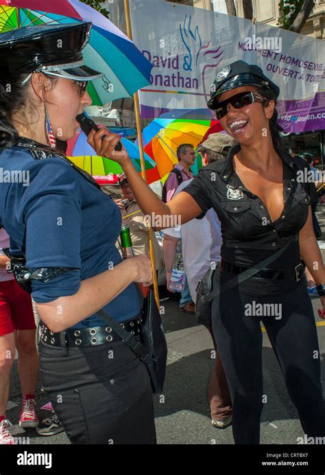 Paris France Lesbian Women Dressed In Police Uniforms Clowning Around
