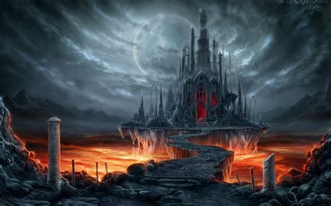 Download Night Building Path Lava Moon Fantasy Castle Hd Wallpaper By