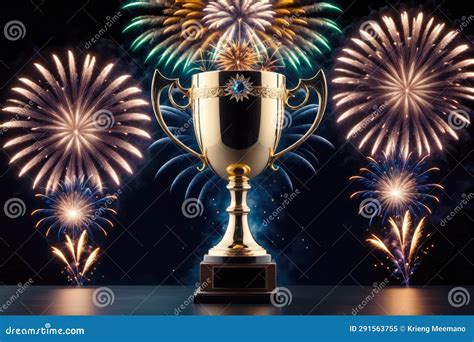 Achievement Unveiled, Trophy Cup and Fireworks Display, AI Generated