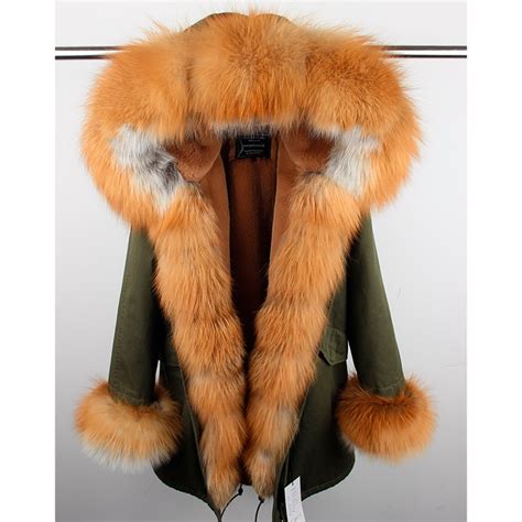 Natural Real Fox Fur Jacke Coat Real Fox Fur Collar Cuff Hooded Coat Short Parka Long Camouflage