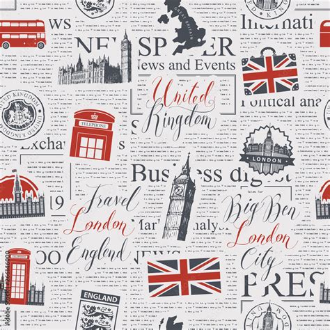 Vector Seamless Pattern On Uk And London Theme With Inscriptions