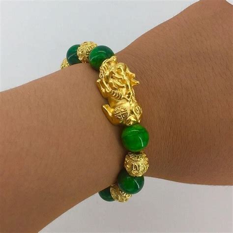 Feng Shui Golden Pixiu Green Beads Bracelet Green Beaded Bracelets