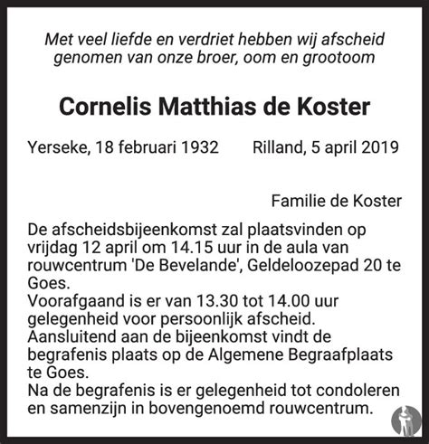 Cornelis Matthias De Koster 05 04 2019 Overlijdensbericht En