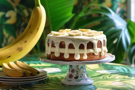 Premium Ai Image Banana Cream Cake On A Tropical Print Cloth