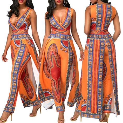 Women African Clothes Dashiki Print Jumpsuit Vestidos Ankara Orange V Neck Sleeveless Jumpsuit