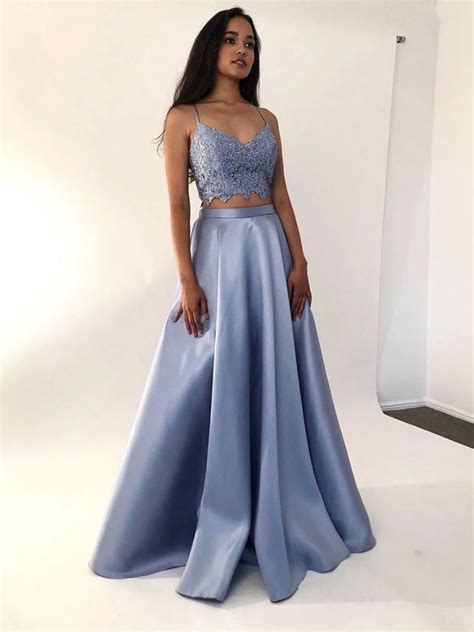 V Neck Blue Two Pieces Long Prom Dresses 2 Pieces Lace Evening Dresses Piece Prom Dress