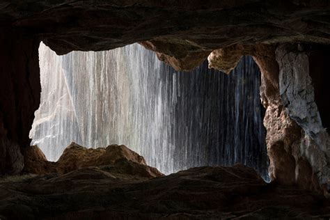 View Of The Waterfall From The Cave Inside In Valencia Spain Stock