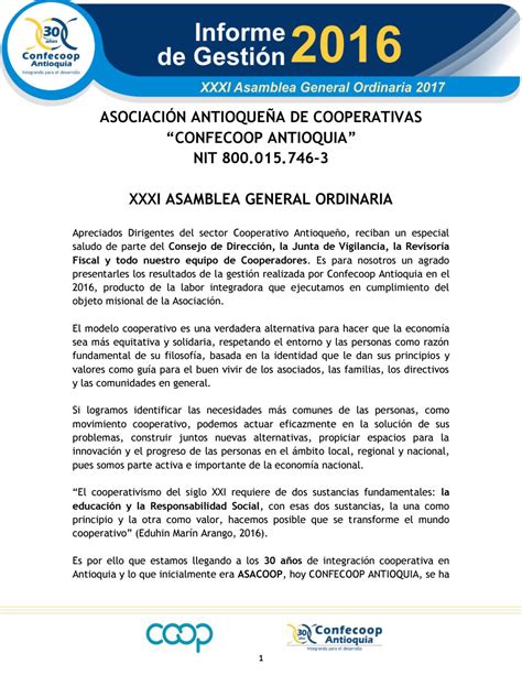 Informe De Gestión De Confecoop Antioquia 2016 By Confecoop Antioquia