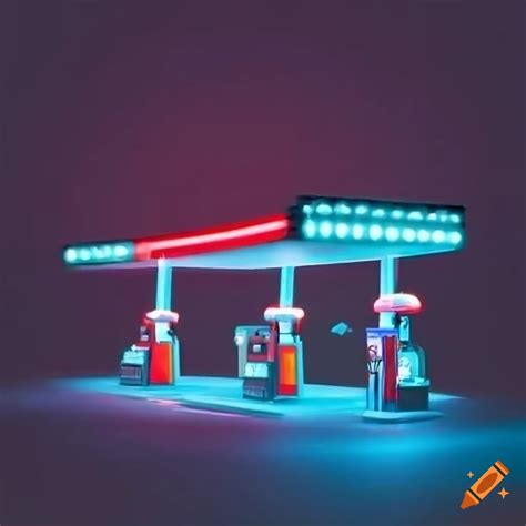 Neon Lit Gas Station At Night