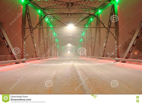Green And Red Lights On Snow Coverd Bridge Stock Photo Image Of Country Night 82146870
