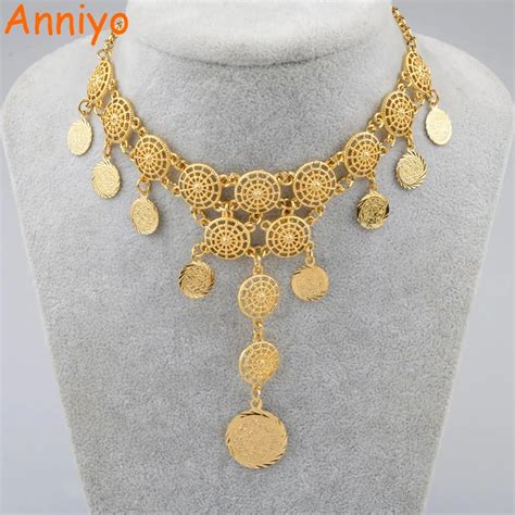 Anniyo New Arab Coin Necklaces For Women Gold Color Middle Eastern