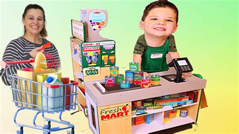 Caleb And Mommy Pretend Play Shopping With Grocery Store And Food Toys