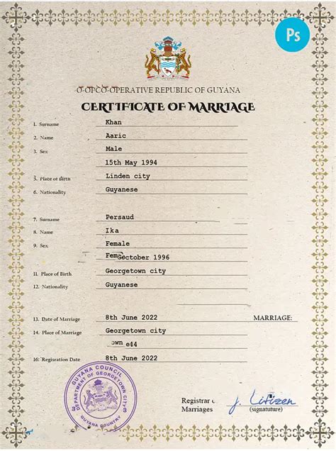 Guyana Marriage Certificate PSD Template Fully Editable Webchinh To
