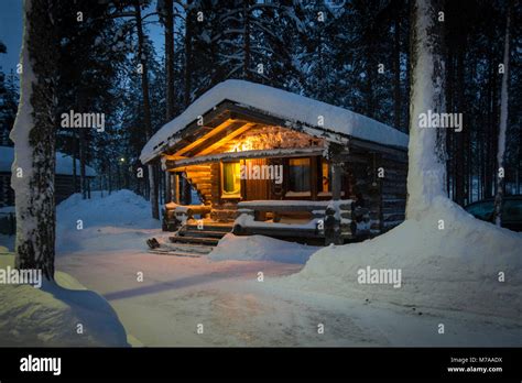 Snow Covered Wooden Hut Log Cabin Lapland Finland Stock Photo Alamy