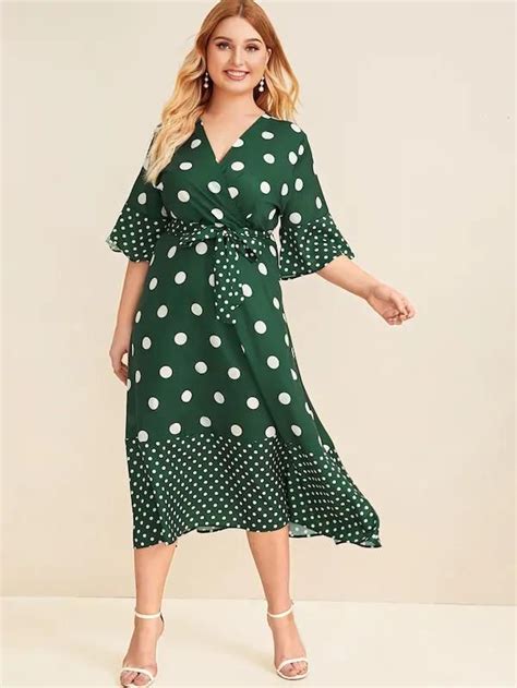 Women Plus Polka Dot Surplice Front Belted Dress 2XL Green In 2021