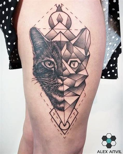 A Black And White Cat Tattoo On The Side Of A Womans Leg With