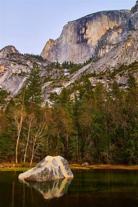 Yosemite Half Dome By Mirror Lake With Large Boulder Stock Image