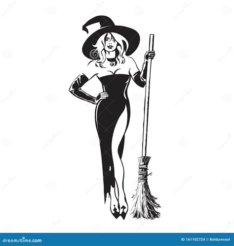 Halloween Beautiful Witch Holding Broomstick In Sketch Style Pretty