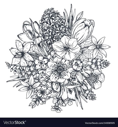 Floral Composition Bouquet With Hand Drawn Spring Flowers And Plants