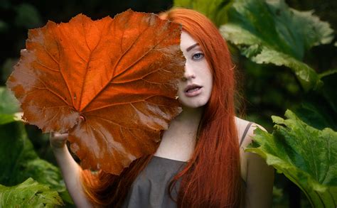 Wallpaper Model Leaves Redhead Women Outdoors Plants Face Long
