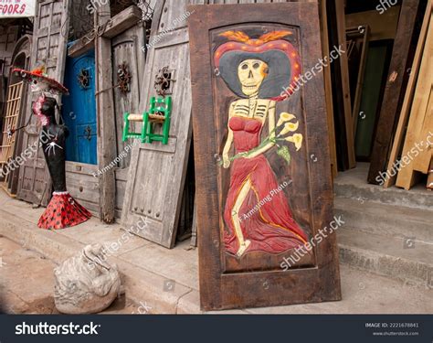 Skeleton Statue Sombrero Wooden Doors Background Stock Photo 2221678841