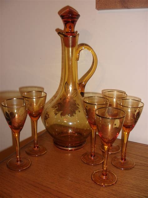Antique Amber Decanter And Glass Set Made Is Romania With Flowers Of Gold Other Kitchen
