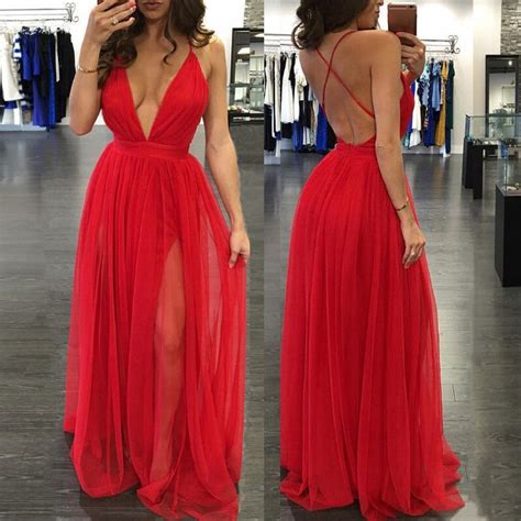 Honey Dress — Red Chiffon V Neck Prom Dress Cross Back Side Slit Prom