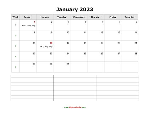Download January 2023 Blank Calendar With Space For Notes Horizontal