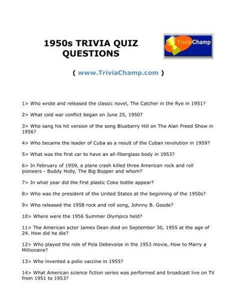 1950s Trivia Quiz Questions Trivia Champ