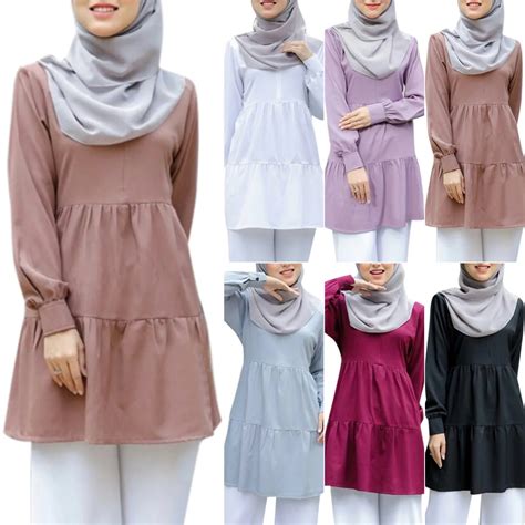 Casual Islamic Clothing Loose Tunic Ladies Kaftan Muslim Plaid Tops