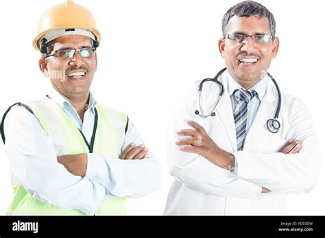 2 Indian Senior Man Engineer And Doctor Standing Comparison Contrast