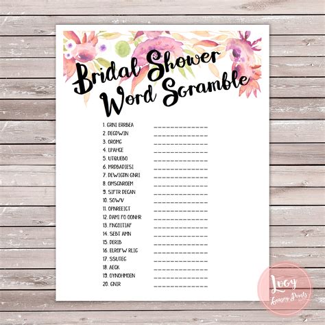 Bridal Shower Word Scramble Printable Etsy