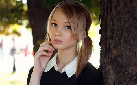 Schoolgirl Blonde Blue Eyes Looking At Viewer Women Women Outdoors Twintails Touching