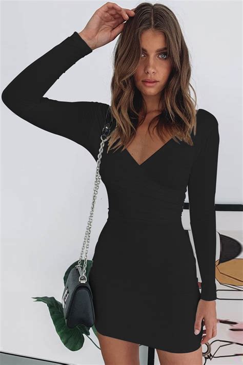 Cutesove Cozy Long Sleeve Ruched Bodycon Mini Dress Black Cutesove