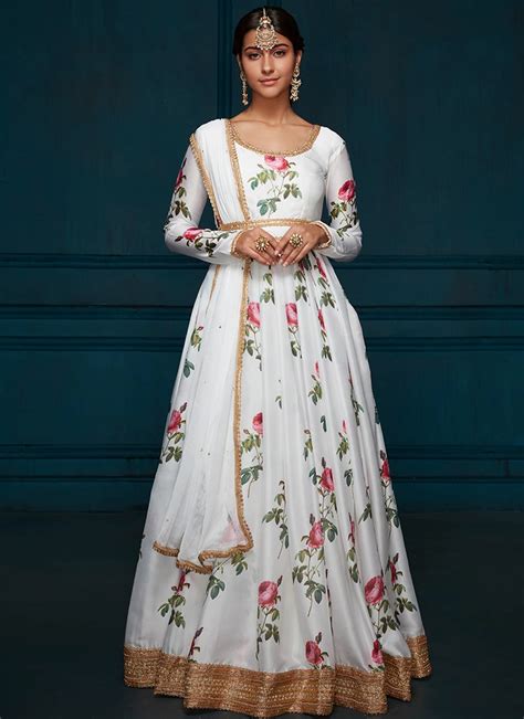 White Floral Printed Satin Anarkali Anarkali Dress Indian Anarkali