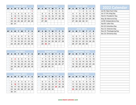 Yearly Calendar 2022 Free Download And Print