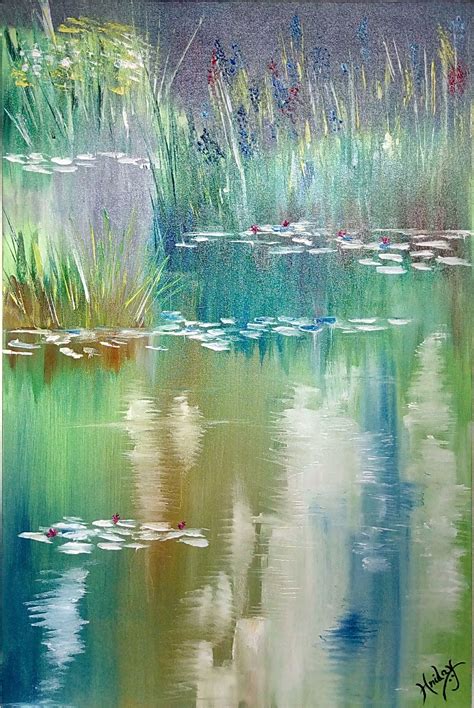 An Oil Painting Of Water Lilies And Grass