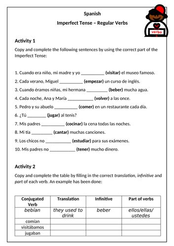 Spanish Imperfect Tense Worksheet 2 Regular Verbs Teaching Resources