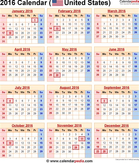 2016 Calendar With Federal Holidays And Excelpdfword Templates Chainimage