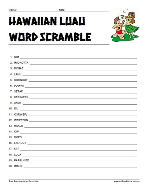 Activities worksheets and online activities. Hawaiian Luau Word Scramble | AllFreePrintable.com