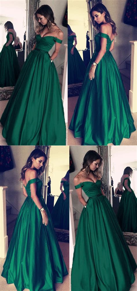 Dark Green Satin V Neck Prom Long Dresses Off Shoulder Evening Gowns