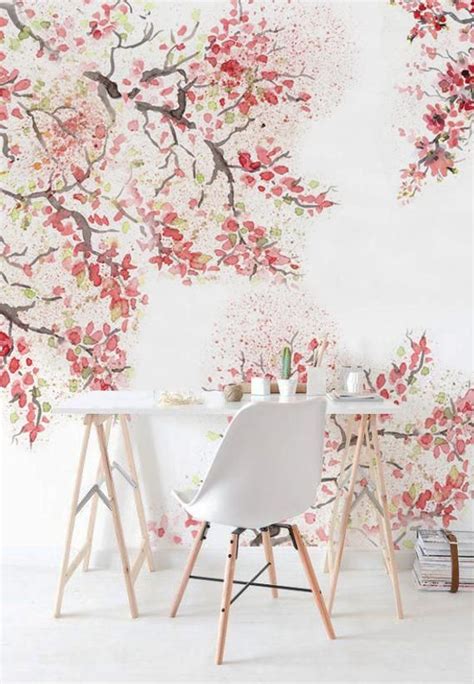 Spring Cherry Blossom Removable Wallpaper Watercolor Wall Etsy