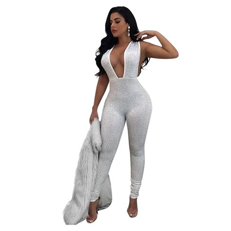 fashion women sexy jumpsuit 2018 new arrival solid diamond sleeveless deep v backless skinny