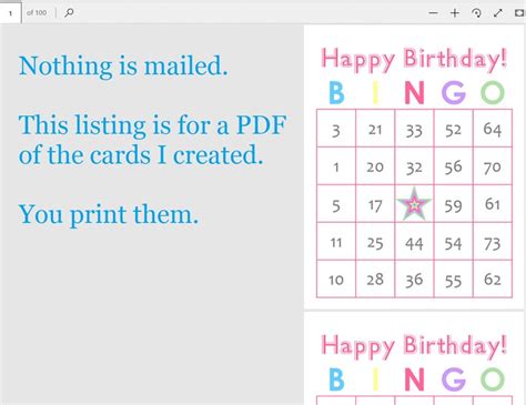 Birthday Bingo Cards 100 Cards Prints 1 Per Page Instant Etsy