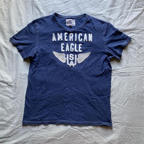 American Eagle Outfitters Mens Cream And Blue T Shirt Depop