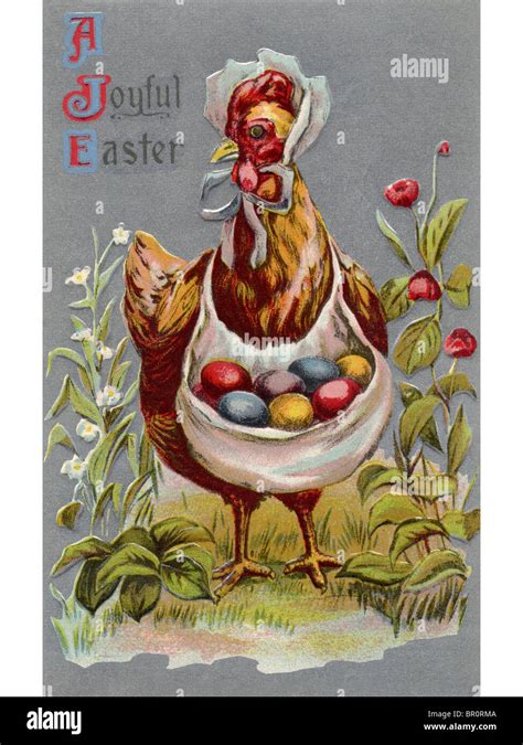 A Vintage Easter Postcard Of A Hen Carrying Colored Easter Eggs Stock