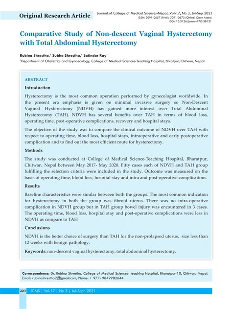 Pdf Comparative Study Of Non Descent Vaginal Hysterectomy With Total