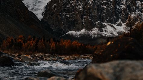 Black And White Picture Of Mountains River Stones 4k Hd Nature