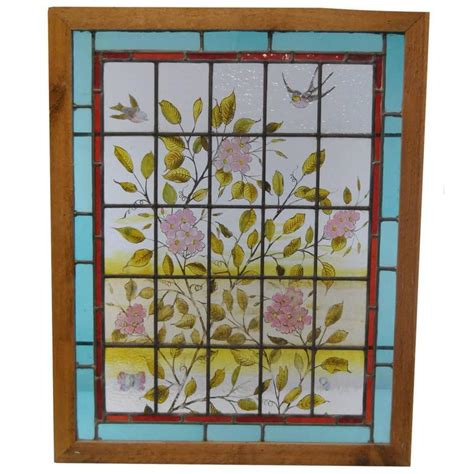 Victorian Hand Painted Stained Glass Window With Swallows And Dogwood