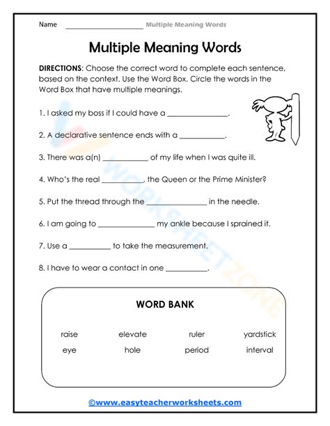 Free Multiple Meaning Words Worksheets For Teaching